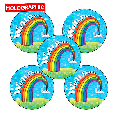 30 Holographic Well Done Rainbow Stickers - 25mm