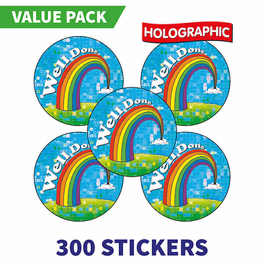 300 Holographic Well Done Rainbow Stickers - 25mm
