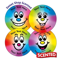 35 Personalised Sweet Shop Scented Rainbow Smile Stickers - 37mm