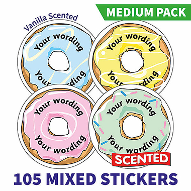 Personalised SCENTED Doughnut Stickers - Vanilla - Value Packs (105 Stickers - 37mm)