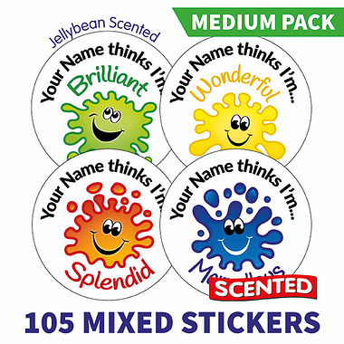 Personalised SCENTED "Mrs XX thinks I'm..." Splash Stickers - Jellybean - Value Pack (105 Stickers - 37mm)