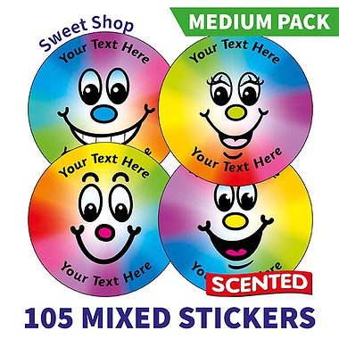 Personalised SCENTED Rainbow Smiles Stickers - Sweet Shop - Value Pack (105 Stickers - 37mm)