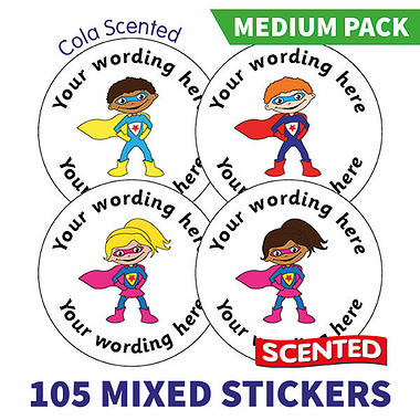 Personalised SCENTED Super Hero Stickers - Cola - Value Pack (105 stickers - 37mm)