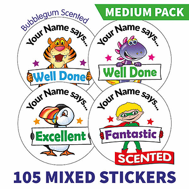 Personalised SCENTED Character Stickers - Bubblegum - Value Pack (105 Stickers - 37mm)