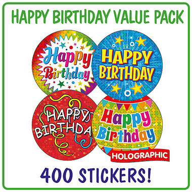400 Holographic Happy Birthday Stickers - 32mm