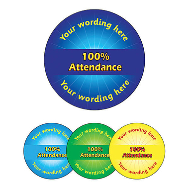 70 Personalised 100% Attendance Stickers - 25mm