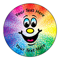 72 Personalised Holographic Rainbow Smiley Stickers - 35mm