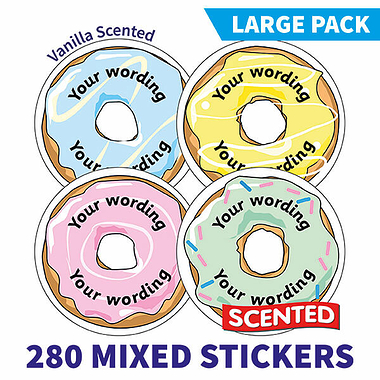 Personalised SCENTED Doughnut Stickers - Vanilla - Value Packs (280 Stickers - 37mm)