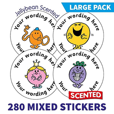 Personalised SCENTED Mr Men & Little Miss Stickers - Jellybean - Value Packs (280 stickers - 37mm)