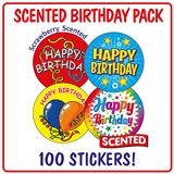 Scented Strawberry Stickers - Happy Birthday (100 Stickers - 32mm)