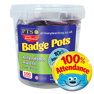 100% Attendance Animal Badge Pot (100 Badges - 38mm) Brainwaves