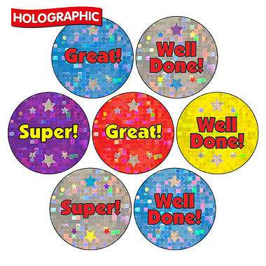 35 Holographic Assorted Words Stickers - 20mm