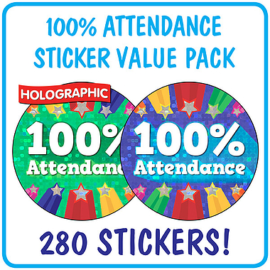 Holographic 100% Attendance Stickers Value Pack (280 Stickers - 37mm)