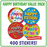 Holographic Happy Birthday Stickers (400 Stickers - 32mm)
