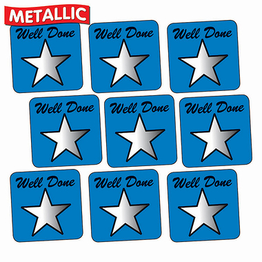 140 Metallic Well Done Star Stickers - Blue - 16mm