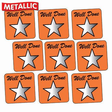 Metallic Square Stickers - Well Done - Orange (140 Stickers- 16mm)