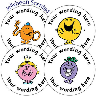 Personalised SCENTED Mr Men & Little Miss Stickers - Jellybean (35 per sheet - 37mm)