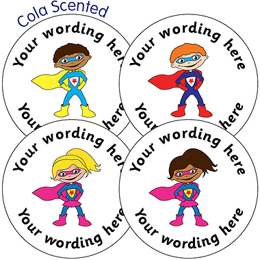Personalised SCENTED Super Hero Stickers - Cola (35 per sheet - 37mm)