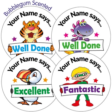 Personalised SCENTED Character Stickers - Bubblegum (35 Stickers - 37mm) 