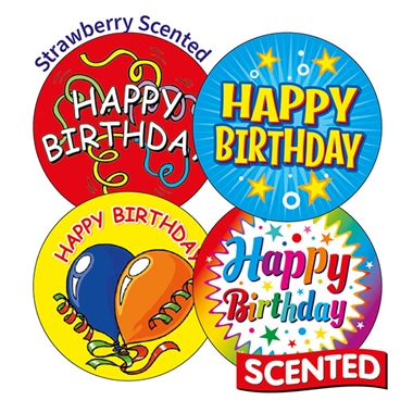 Scented Strawberry Stickers - Happy Birthday (20 Stickers - 32mm)