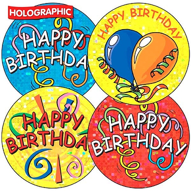 Holographic Happy Birthday Stickers (35 Stickers - 37mm)