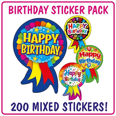 Happy Birthday Rosette Stickers (200 Stickers - 54mm x 37mm) Brainwaves