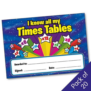 I Know All My Times Tables Certificates (20 Certificates - A5)