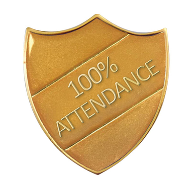 Enamel 100% Attendance Shield Badge - Gold - 30 x 26mm