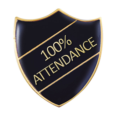 Enamel 100% Attendance Shield Badge - Black - 30 x 26mm
