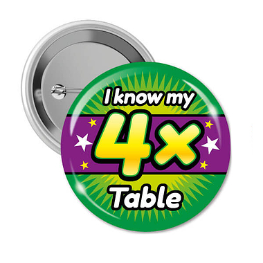 Pack of 10 I know my 4x Times Tables 38mm Button Badges