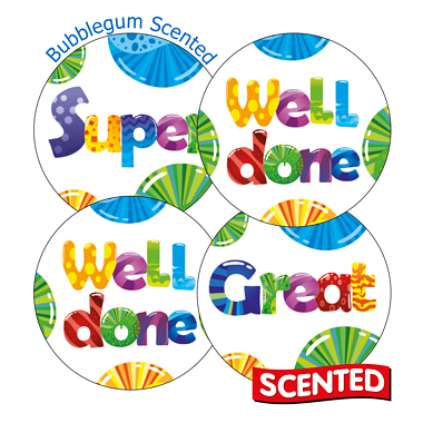 Scented Bubblegum Stickers - Mixed Wording (20 Stickers - 32mm)